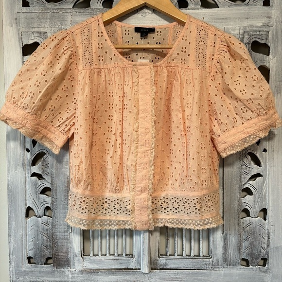 NWT J. Crew Peach Cotton Eyelet Puff Sleeve Crop Button down Prairie Blouse - Picture 1 of 6